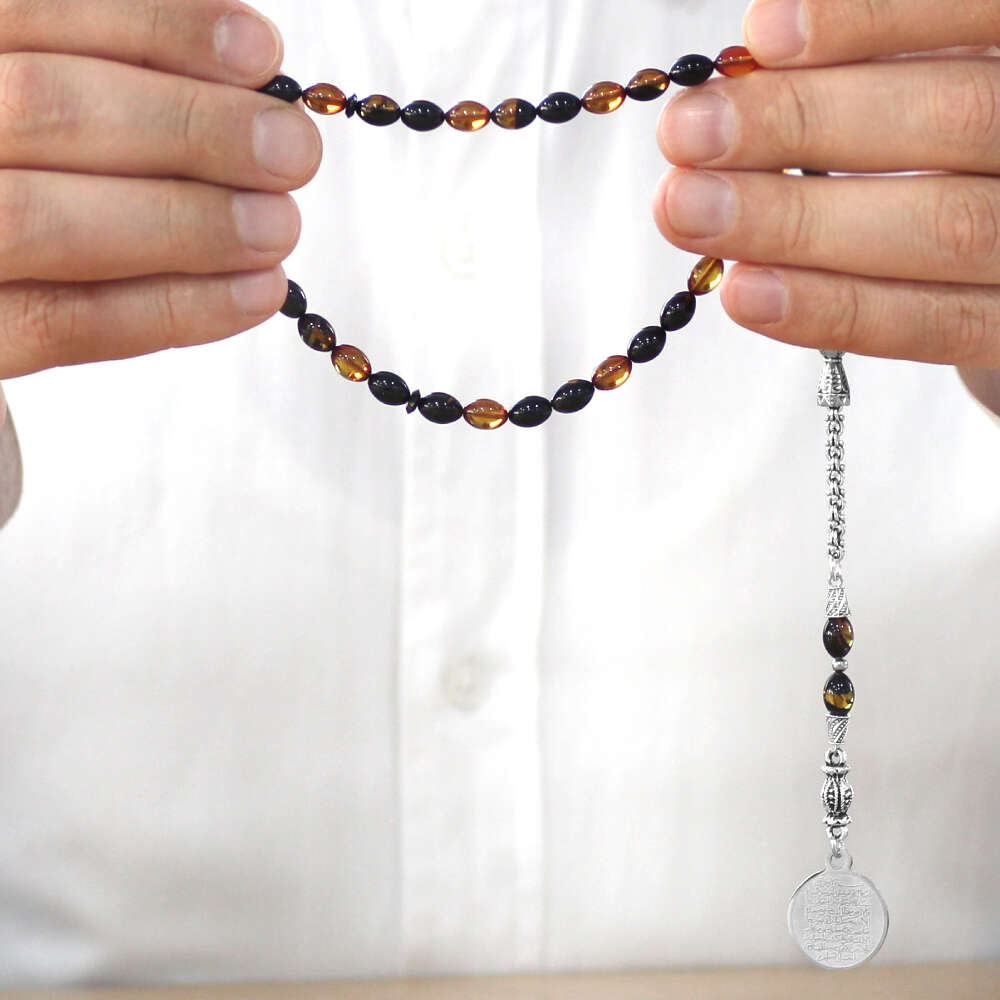 Ateş Kehribar Tesbih - Metal Püsküllü - Sarı Siyah - Ayetel Kürsi Uçlu İsme Özel Yazılı - Arpa Kesim - 3