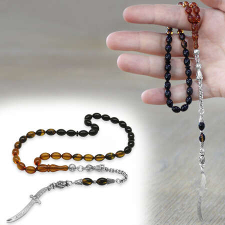 Ateş Kehribar Tesbih - Metal Püsküllü - Sarı Siyah - Zülfikar Uçlu İsme Özel Yazılı - Arpa Kesim - Tesbihane