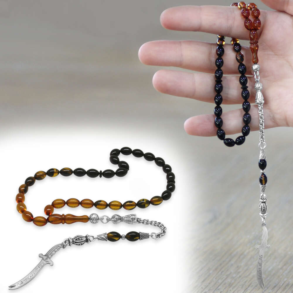 Ateş Kehribar Tesbih - Metal Püsküllü - Sarı Siyah - Zülfikar Uçlu İsme Özel Yazılı - Arpa Kesim - 1