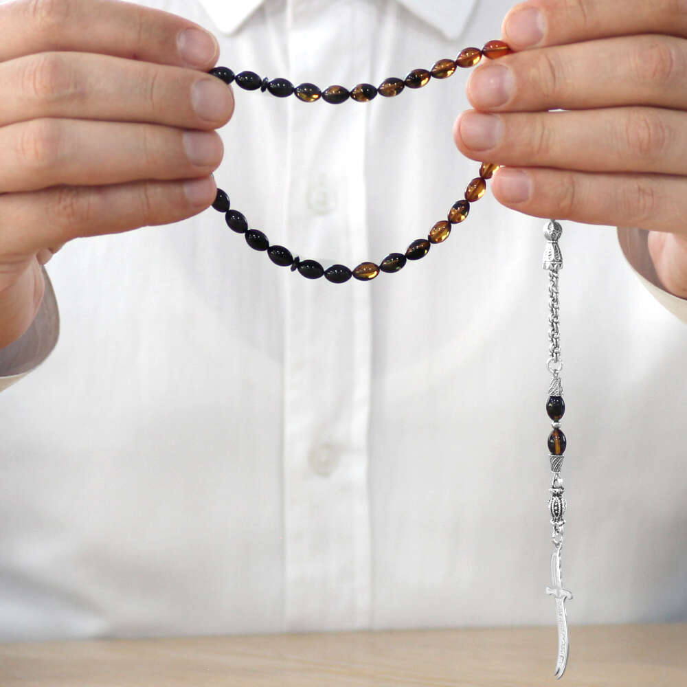 Ateş Kehribar Tesbih - Metal Püsküllü - Sarı Siyah - Zülfikar Uçlu İsme Özel Yazılı - Arpa Kesim - 3