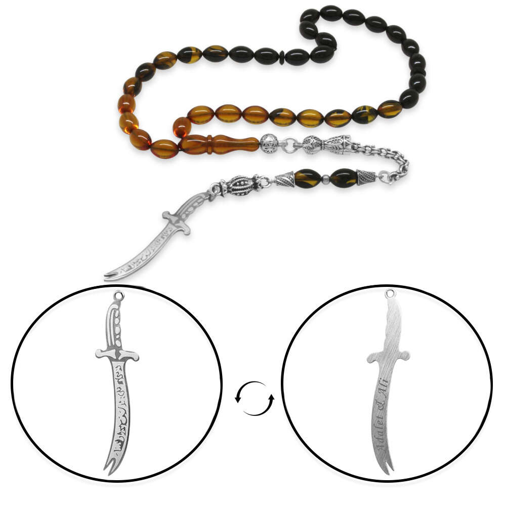 Ateş Kehribar Tesbih - Metal Püsküllü - Sarı Siyah - Zülfikar Uçlu İsme Özel Yazılı - Arpa Kesim - 4