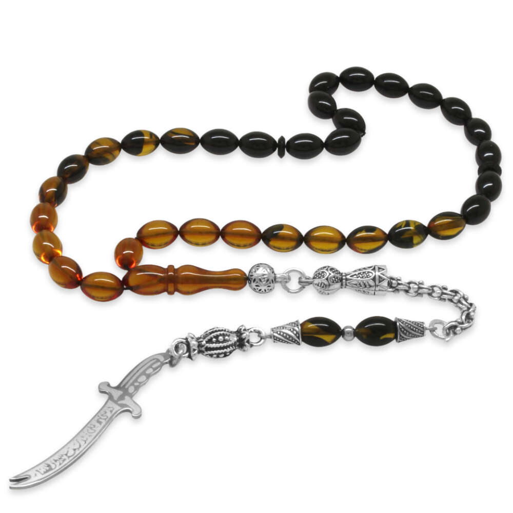 Ateş Kehribar Tesbih - Metal Püsküllü - Sarı Siyah - Zülfikar Uçlu İsme Özel Yazılı - Arpa Kesim - 5