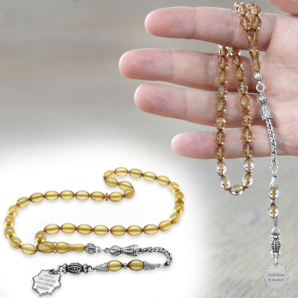 Ateş Kehribar Tesbih - Metal Püsküllü - Şeffaf Renk - Nazar Ayeti Uçlu İsme Özel Yazılı - Arpa Kesim - 1