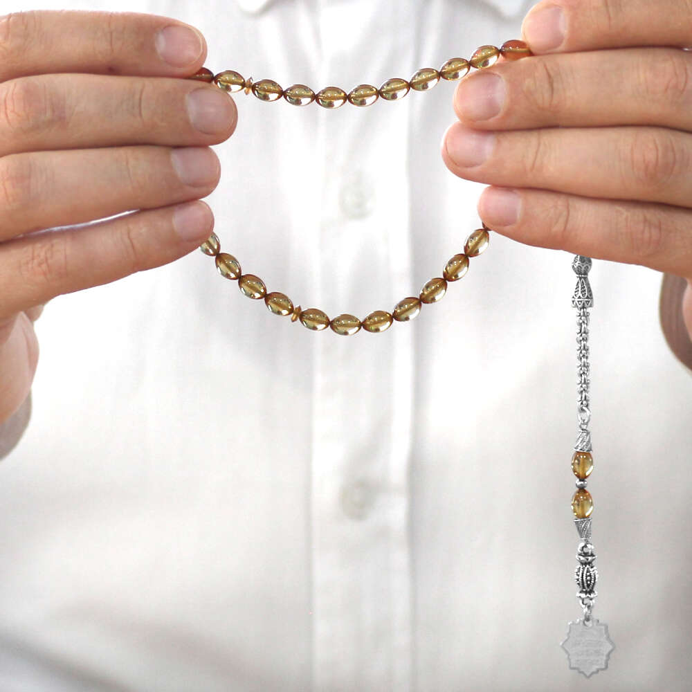 Ateş Kehribar Tesbih - Metal Püsküllü - Şeffaf Renk - Nazar Ayeti Uçlu İsme Özel Yazılı - Arpa Kesim - 3