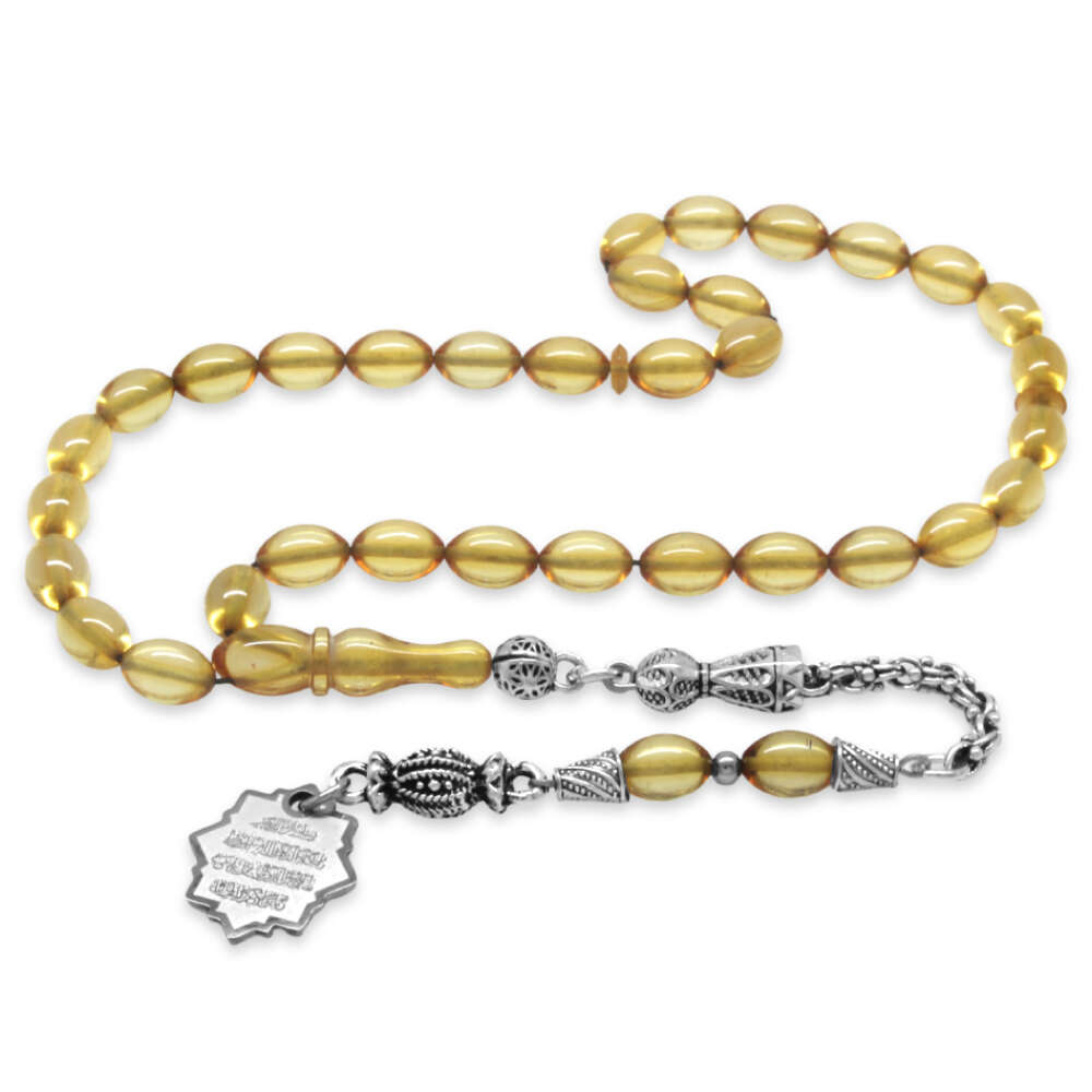 Ateş Kehribar Tesbih - Metal Püsküllü - Şeffaf Renk - Nazar Ayeti Uçlu İsme Özel Yazılı - Arpa Kesim - 5