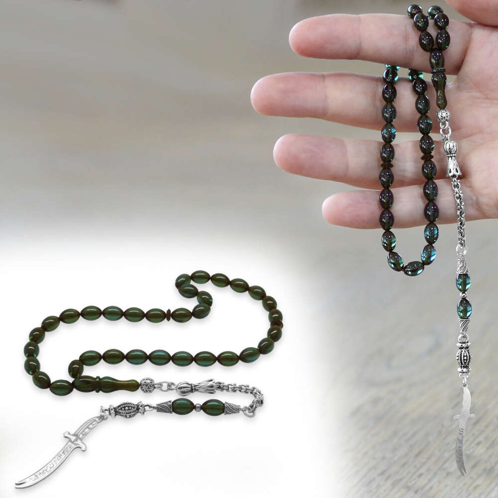 Ateş Kehribar Tesbih - Metal Püsküllü - Su Yeşili Renk - Zülfikar Uçlu İsme Özel Yazılı - Arpa Kesim - 1