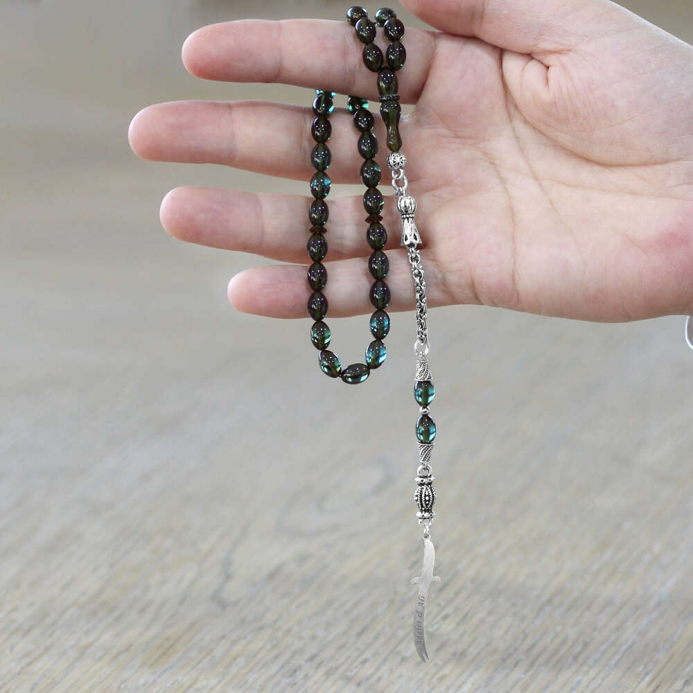 Ateş Kehribar Tesbih - Metal Püsküllü - Su Yeşili Renk - Zülfikar Uçlu İsme Özel Yazılı - Arpa Kesim - 2