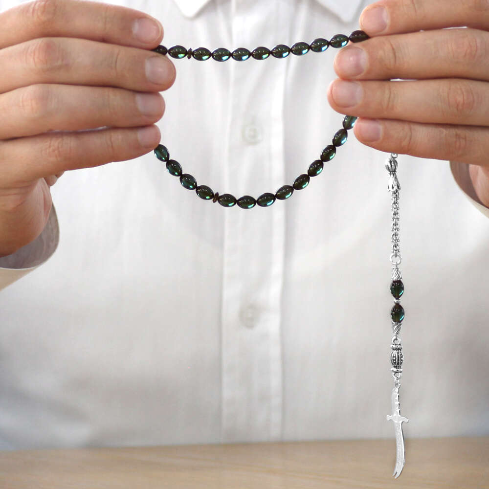 Ateş Kehribar Tesbih - Metal Püsküllü - Su Yeşili Renk - Zülfikar Uçlu İsme Özel Yazılı - Arpa Kesim - 3