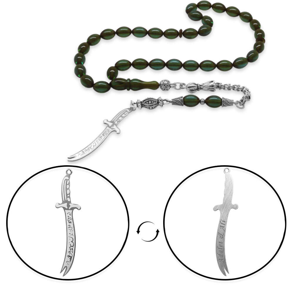 Ateş Kehribar Tesbih - Metal Püsküllü - Su Yeşili Renk - Zülfikar Uçlu İsme Özel Yazılı - Arpa Kesim - 4