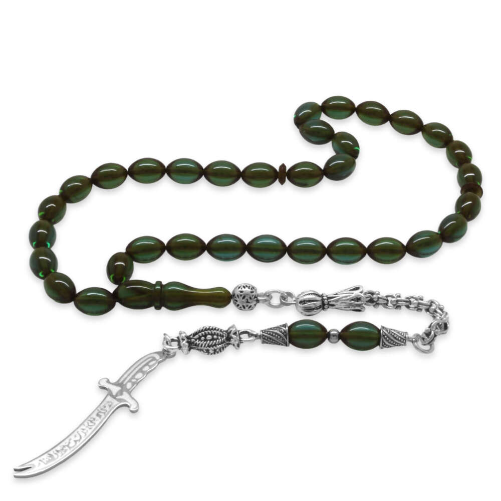 Ateş Kehribar Tesbih - Metal Püsküllü - Su Yeşili Renk - Zülfikar Uçlu İsme Özel Yazılı - Arpa Kesim - 5