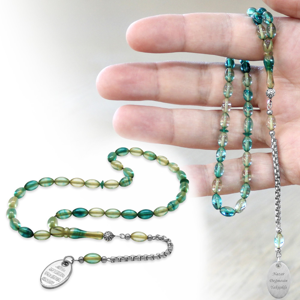 Ateş Kehribar Tesbih - Metal Püsküllü - Su Yeşili Turkuaz Renk - Nazar Ayeti Uçlu İsme Özel Yazılı - 1