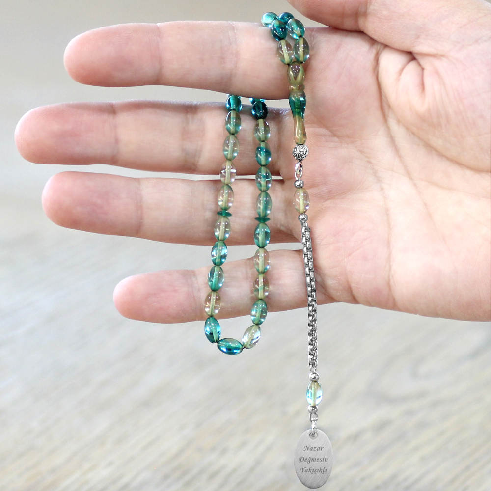 Ateş Kehribar Tesbih - Metal Püsküllü - Su Yeşili Turkuaz Renk - Nazar Ayeti Uçlu İsme Özel Yazılı - 2