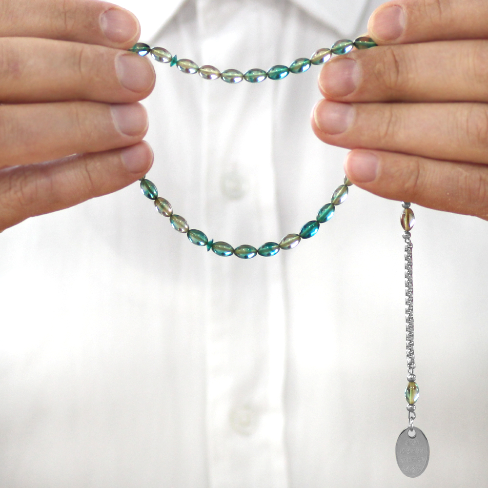 Ateş Kehribar Tesbih - Metal Püsküllü - Su Yeşili Turkuaz Renk - Nazar Ayeti Uçlu İsme Özel Yazılı - 3