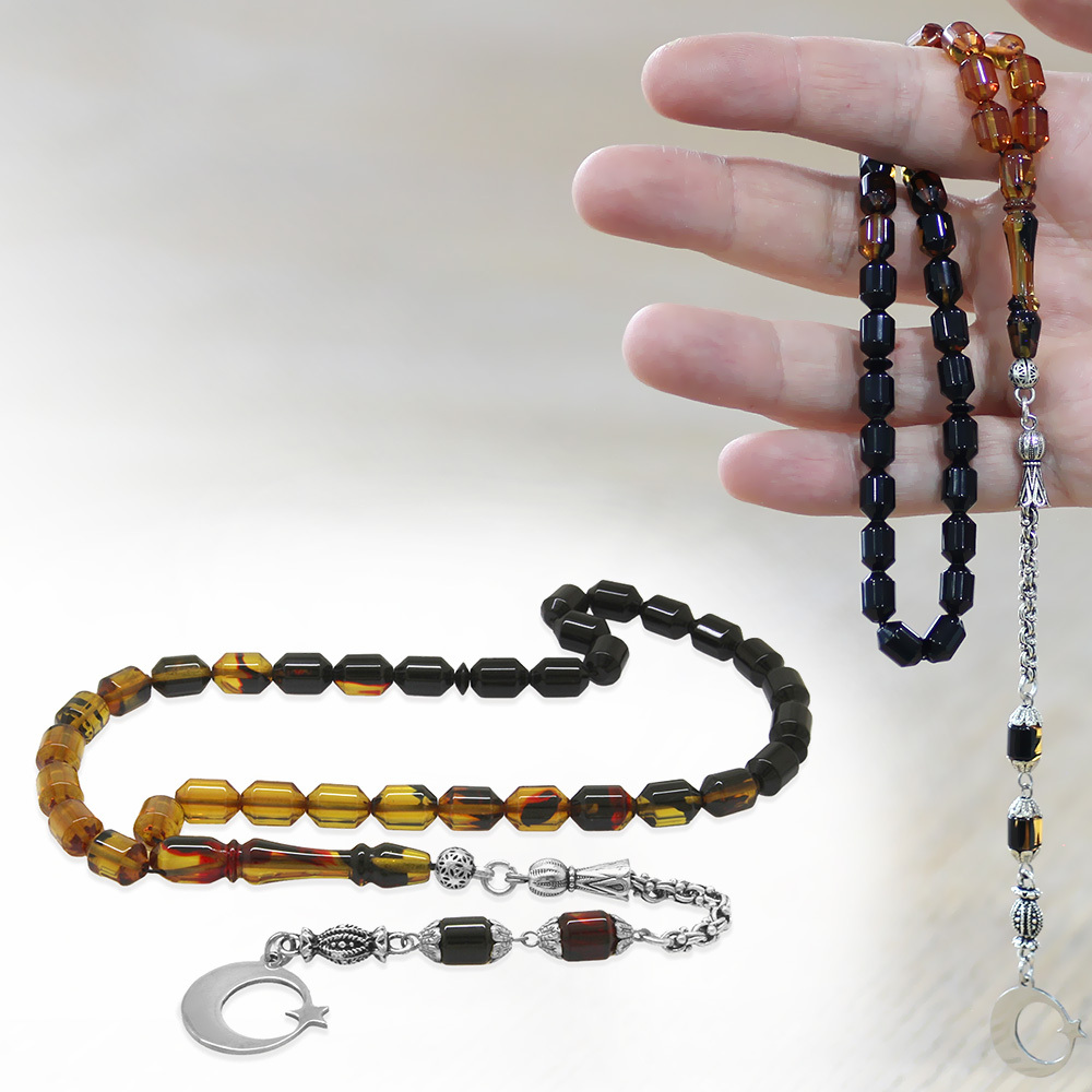 Ateş Kehribar Tesbih - Metal Püsküllü - Süzme Bala Siyah - İsme Özel Yazılı - Kapsül Kesim - 1