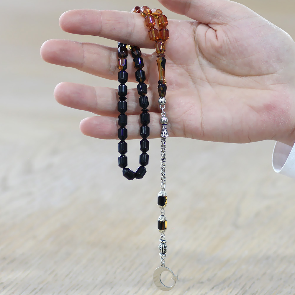 Ateş Kehribar Tesbih - Metal Püsküllü - Süzme Bala Siyah - İsme Özel Yazılı - Kapsül Kesim - 2