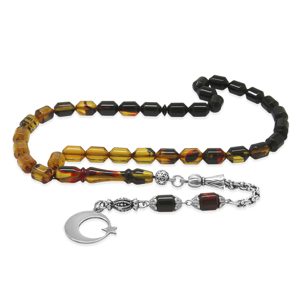 Ateş Kehribar Tesbih - Metal Püsküllü - Süzme Bala Siyah - İsme Özel Yazılı - Kapsül Kesim - 4