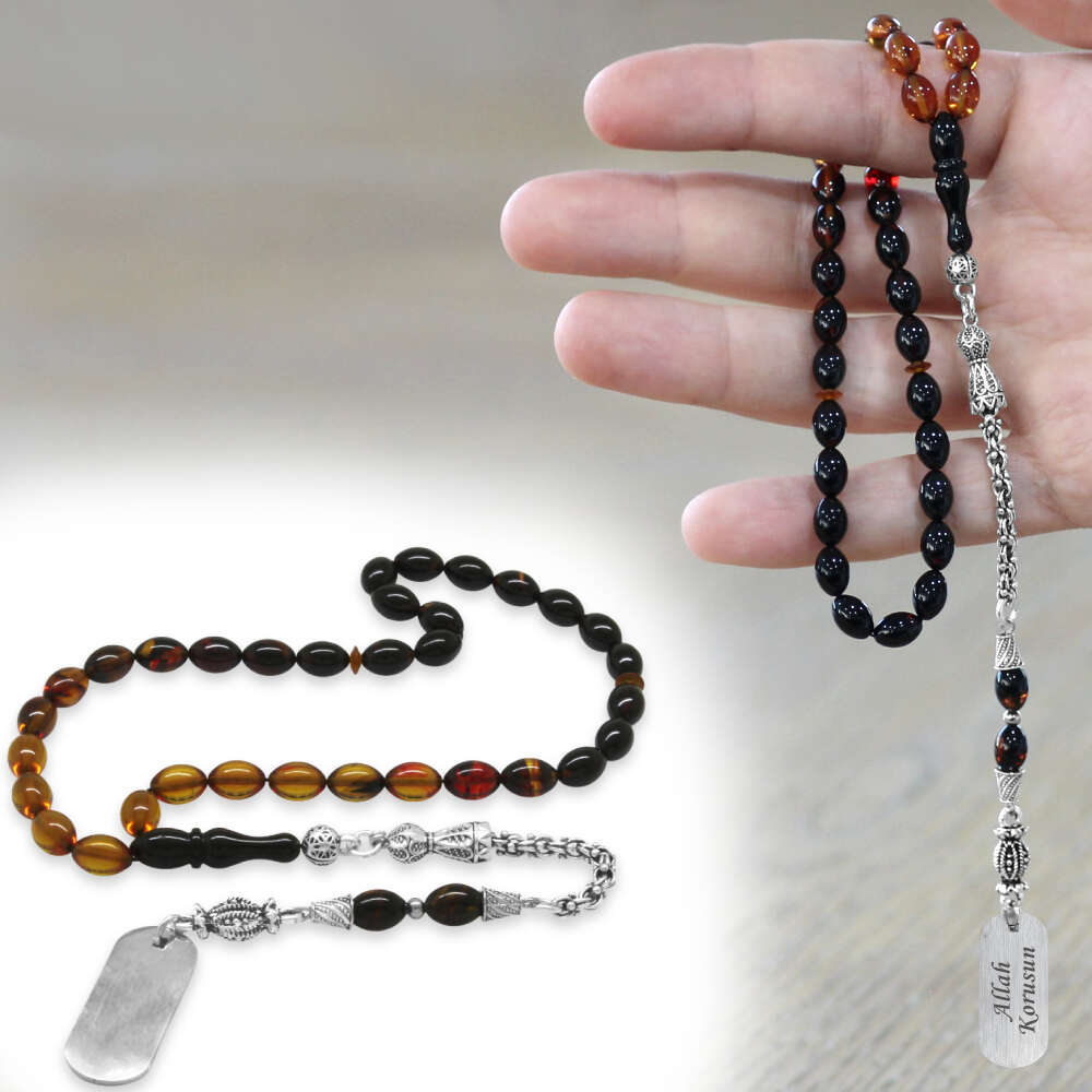 Ateş Kehribar Tesbih - Metal Püsküllü - Süzme Bala Siyah Renk - İsme Özel Yazılı - Arpa Kesim - 1