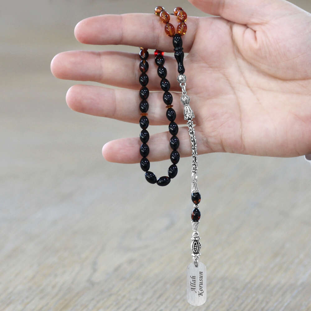 Ateş Kehribar Tesbih - Metal Püsküllü - Süzme Bala Siyah Renk - İsme Özel Yazılı - Arpa Kesim - 2