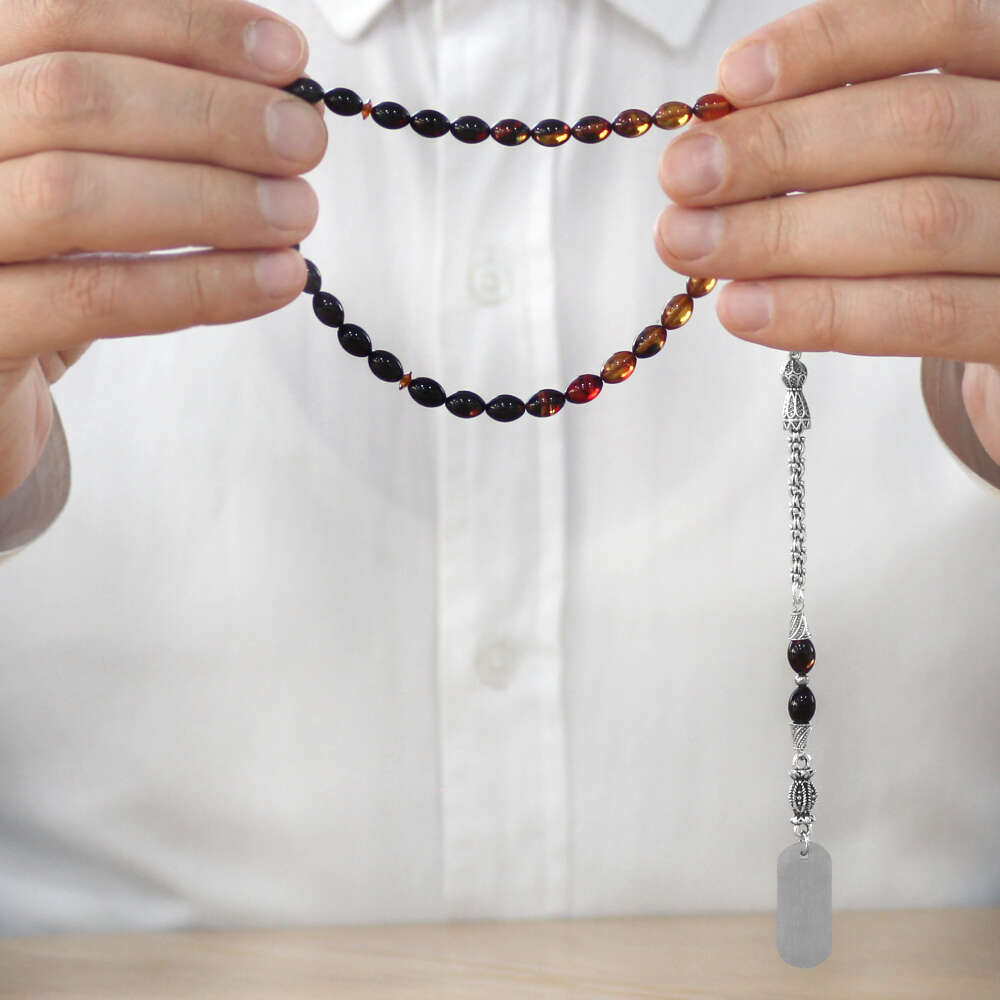 Ateş Kehribar Tesbih - Metal Püsküllü - Süzme Bala Siyah Renk - İsme Özel Yazılı - Arpa Kesim - 3