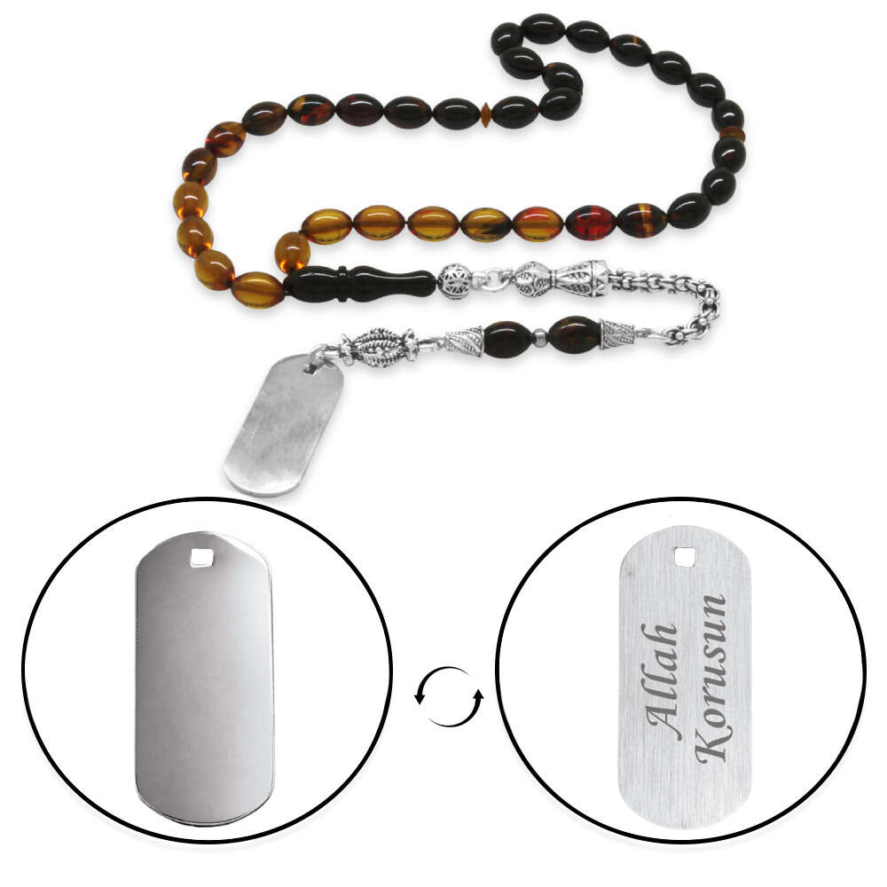 Ateş Kehribar Tesbih - Metal Püsküllü - Süzme Bala Siyah Renk - İsme Özel Yazılı - Arpa Kesim - 4