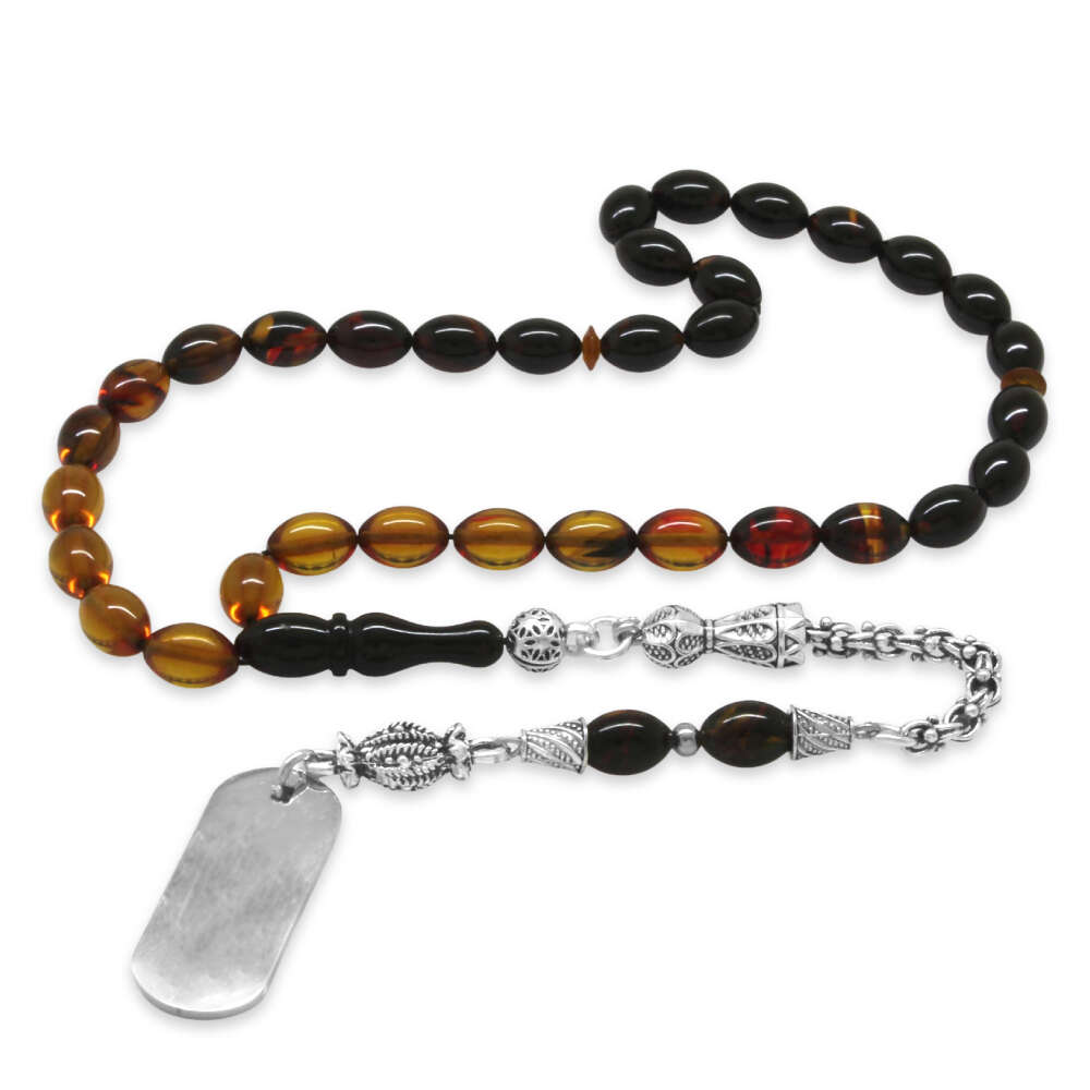 Ateş Kehribar Tesbih - Metal Püsküllü - Süzme Bala Siyah Renk - İsme Özel Yazılı - Arpa Kesim - 5