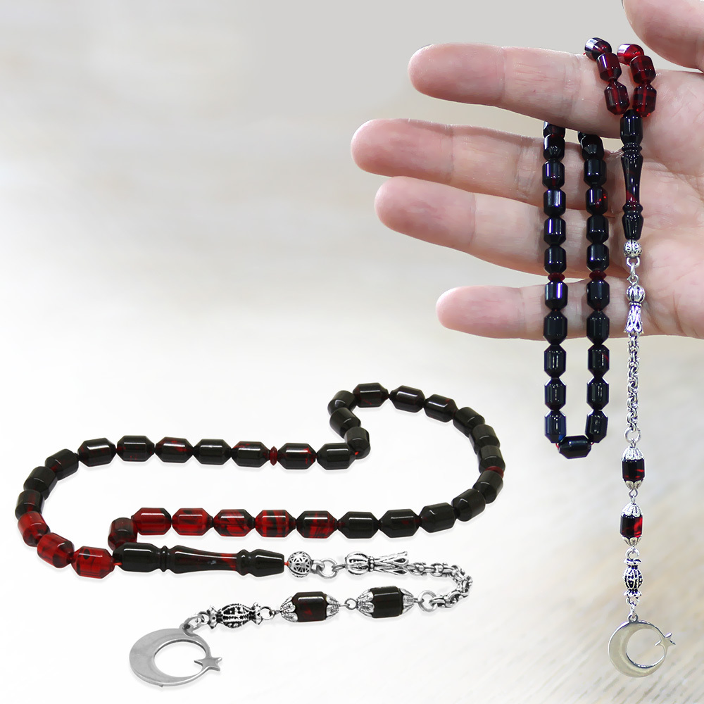 Ateş Kehribar Tesbih - Metal Püsküllü - Süzme Kırmızı Siyah - İsme Özel Yazılı - Kapsül Kesim - 1