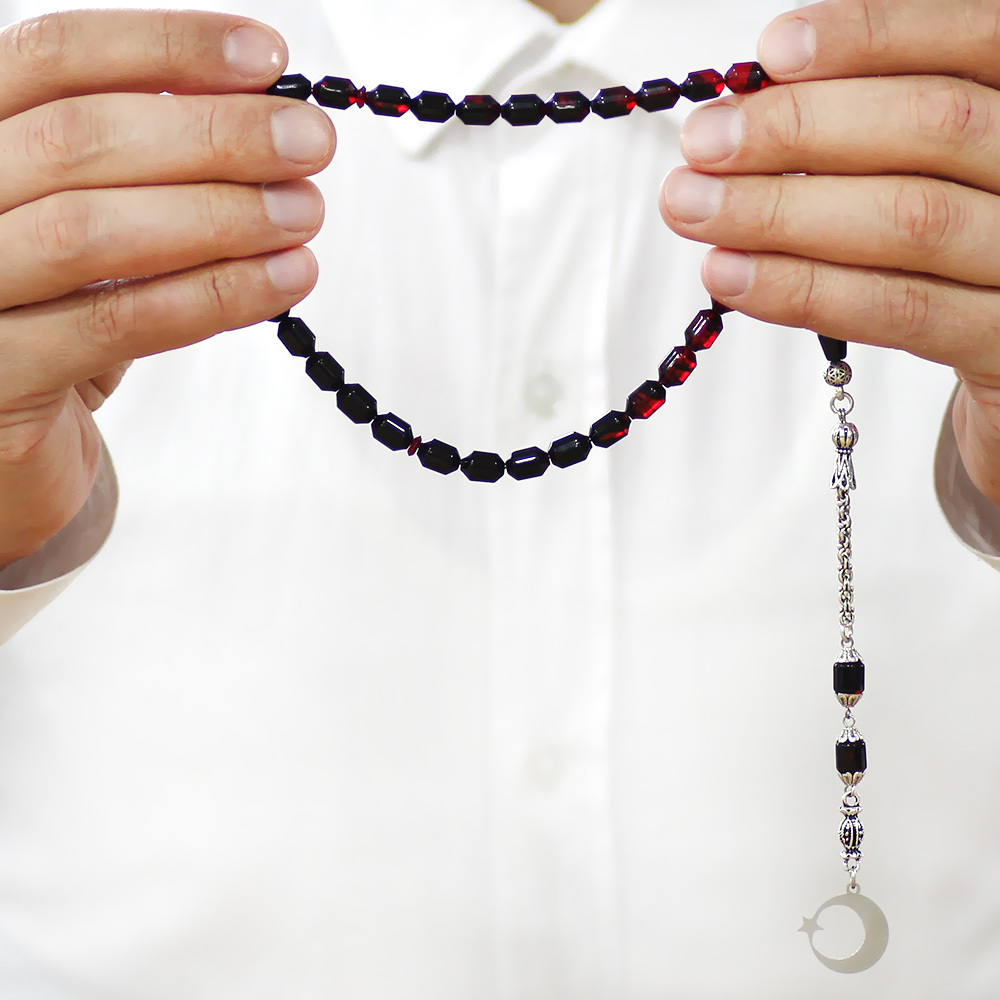 Ateş Kehribar Tesbih - Metal Püsküllü - Süzme Kırmızı Siyah - İsme Özel Yazılı - Kapsül Kesim - 3