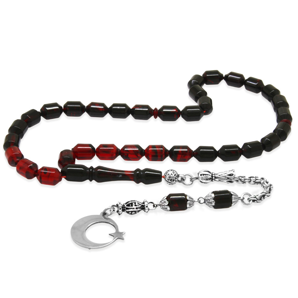 Ateş Kehribar Tesbih - Metal Püsküllü - Süzme Kırmızı Siyah - İsme Özel Yazılı - Kapsül Kesim - 4