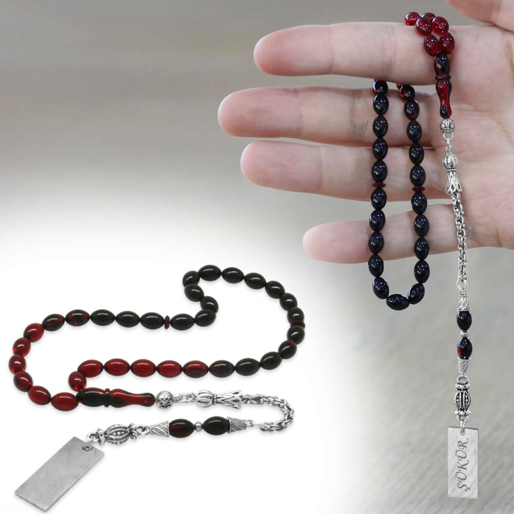 Ateş Kehribar Tesbih - Metal Püsküllü - Süzme Kırmızı Siyah Renk - İsme Özel Yazılı - Arpa Kesim - 1