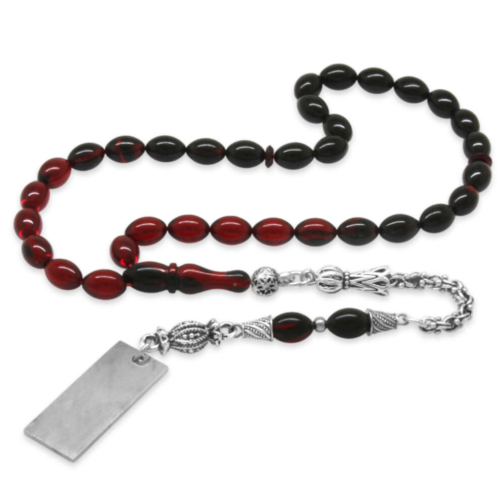 Ateş Kehribar Tesbih - Metal Püsküllü - Süzme Kırmızı Siyah Renk - İsme Özel Yazılı - Arpa Kesim - 5