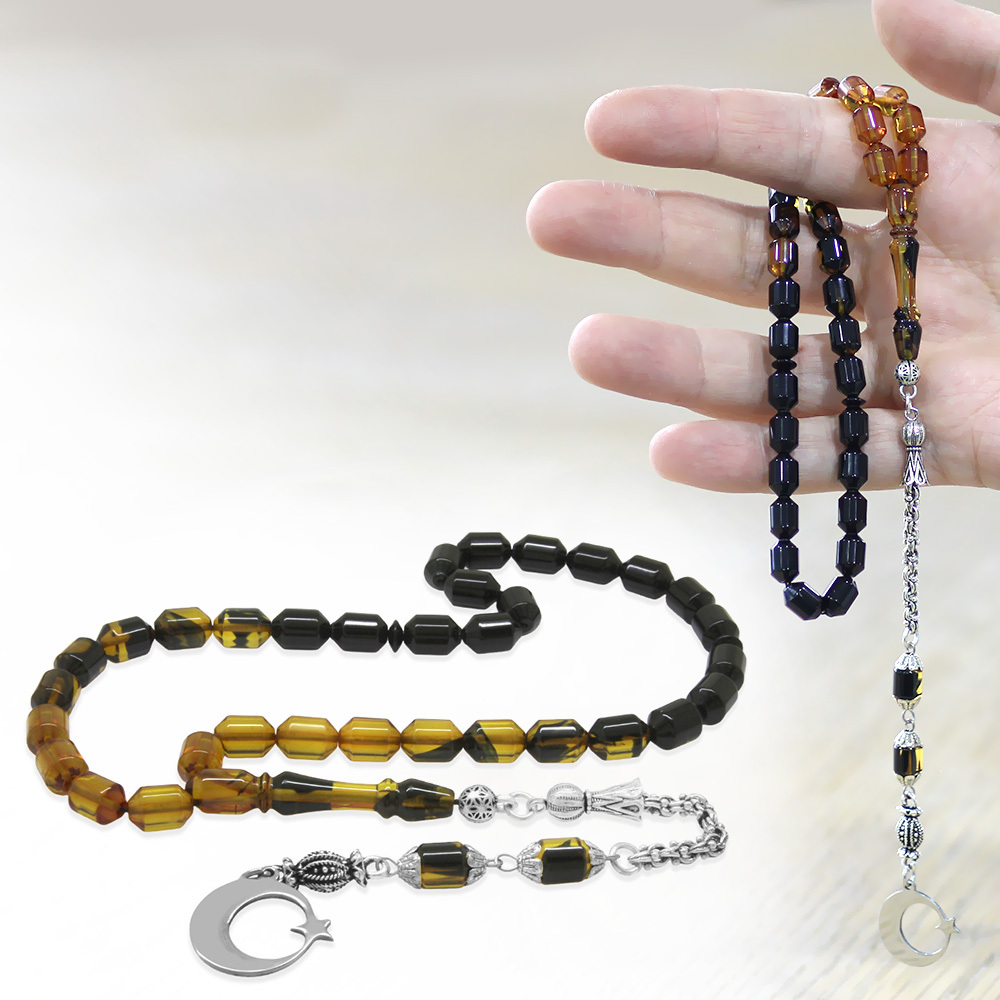 Ateş Kehribar Tesbih - Metal Püsküllü - Süzme Sarı Siyah - İsme Özel Yazılı - Kapsül Kesim - 1