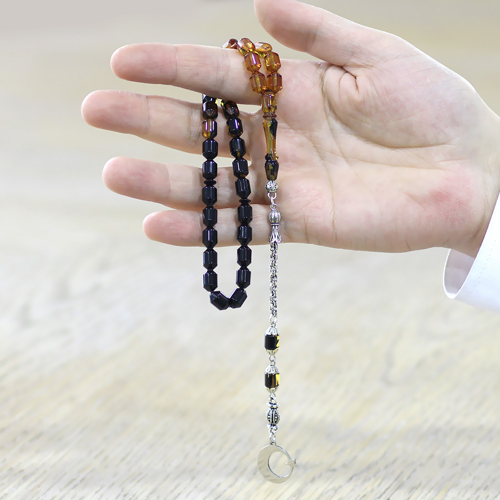 Ateş Kehribar Tesbih - Metal Püsküllü - Süzme Sarı Siyah - İsme Özel Yazılı - Kapsül Kesim - 2