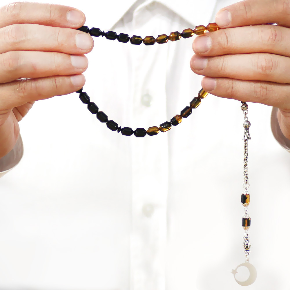 Ateş Kehribar Tesbih - Metal Püsküllü - Süzme Sarı Siyah - İsme Özel Yazılı - Kapsül Kesim - 3