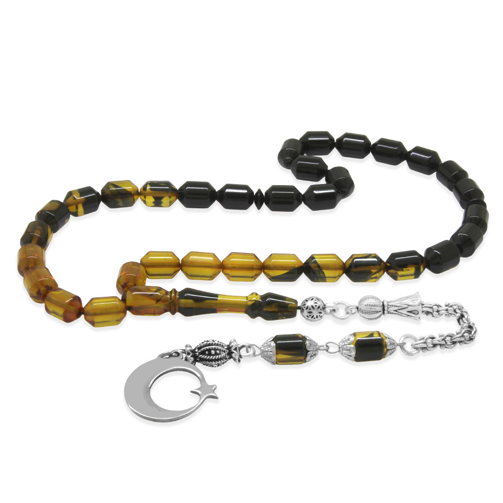 Ateş Kehribar Tesbih - Metal Püsküllü - Süzme Sarı Siyah - İsme Özel Yazılı - Kapsül Kesim - 4