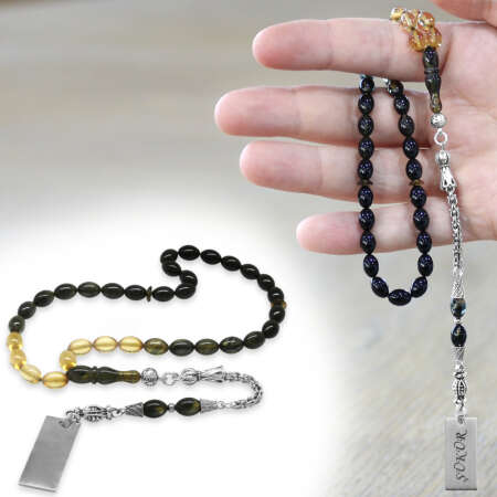 Ateş Kehribar Tesbih - Metal Püsküllü - Süzme Siyah Beyaz Renk - İsme Özel Yazılı - Arpa Kesim - Tesbihane