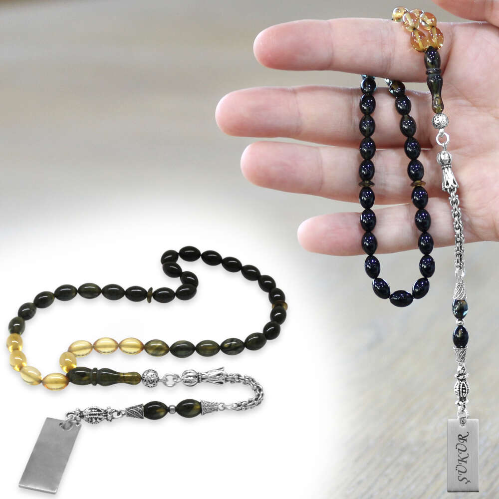 Ateş Kehribar Tesbih - Metal Püsküllü - Süzme Siyah Beyaz Renk - İsme Özel Yazılı - Arpa Kesim - 1