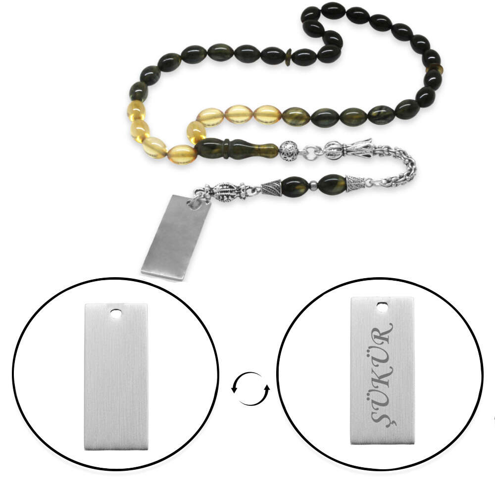 Ateş Kehribar Tesbih - Metal Püsküllü - Süzme Siyah Beyaz Renk - İsme Özel Yazılı - Arpa Kesim - 4