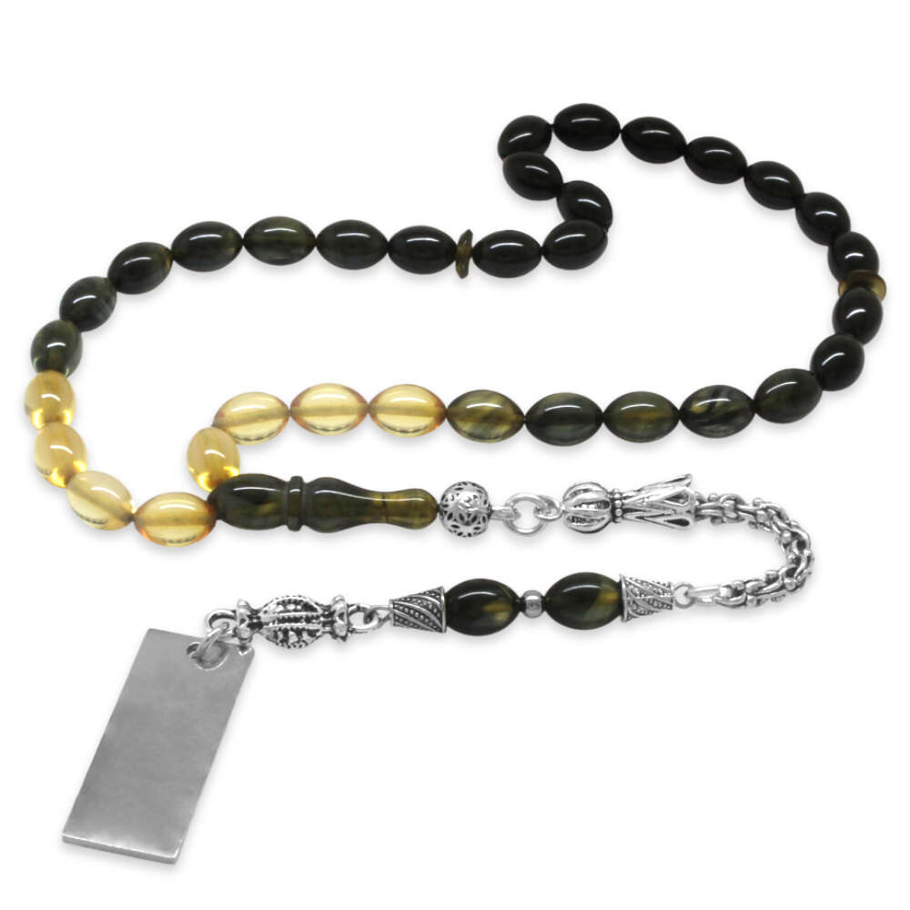 Ateş Kehribar Tesbih - Metal Püsküllü - Süzme Siyah Beyaz Renk - İsme Özel Yazılı - Arpa Kesim - 5