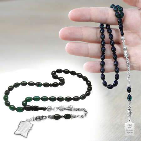 Ateş Kehribar Tesbih - Metal Püsküllü - Süzme Turkuaz Siyah - Ayetel Kürsi Uçlu İsme Özel Yazılı - Tesbihane
