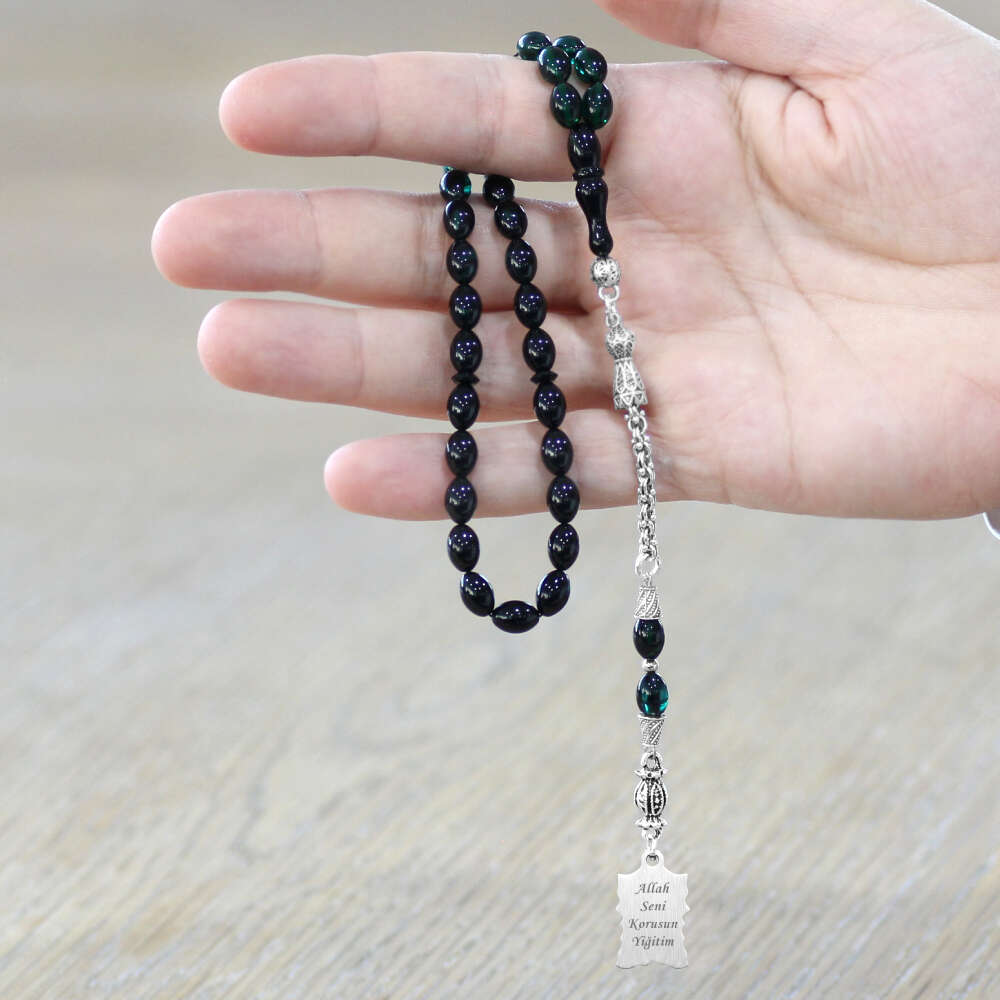 Ateş Kehribar Tesbih - Metal Püsküllü - Süzme Turkuaz Siyah - Ayetel Kürsi Uçlu İsme Özel Yazılı - 2