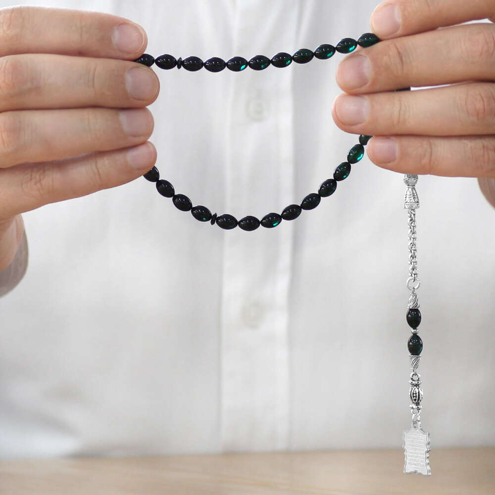 Ateş Kehribar Tesbih - Metal Püsküllü - Süzme Turkuaz Siyah - Ayetel Kürsi Uçlu İsme Özel Yazılı - 3