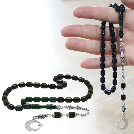 Ateş Kehribar Tesbih - Metal Püsküllü - Süzme Turkuaz Siyah - İsme Özel Yazılı - Kapsül Kesim - Tesbihane