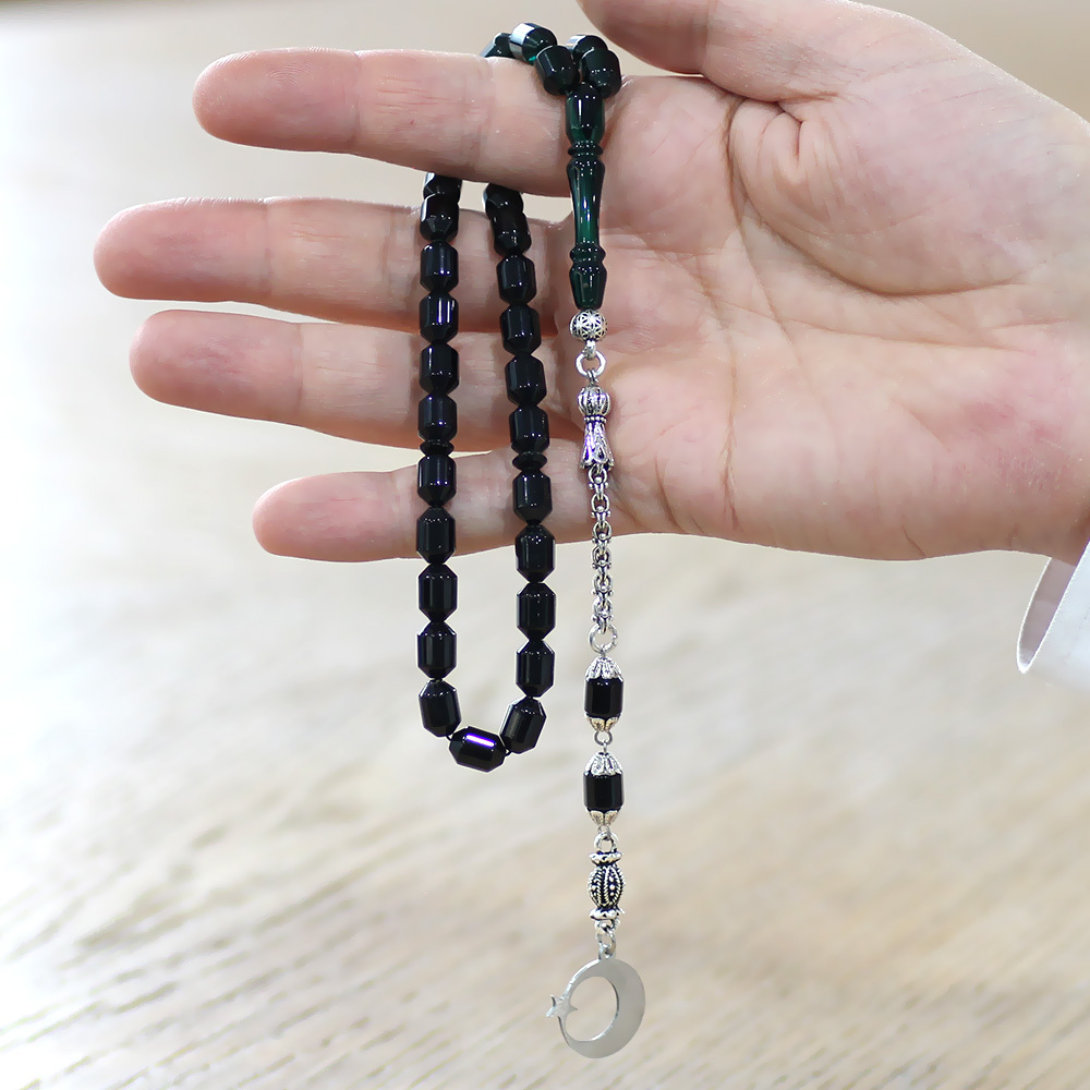 Ateş Kehribar Tesbih - Metal Püsküllü - Süzme Turkuaz Siyah - İsme Özel Yazılı - Kapsül Kesim - 2