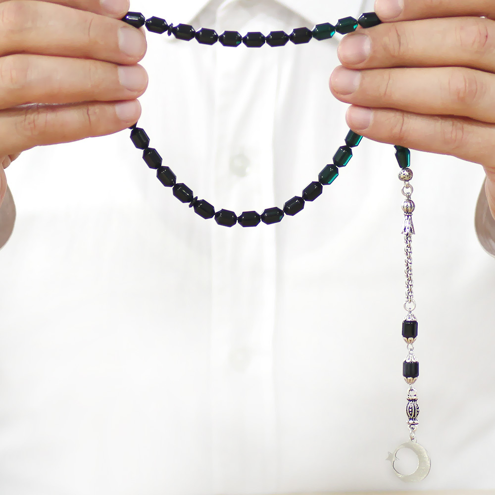 Ateş Kehribar Tesbih - Metal Püsküllü - Süzme Turkuaz Siyah - İsme Özel Yazılı - Kapsül Kesim - 3