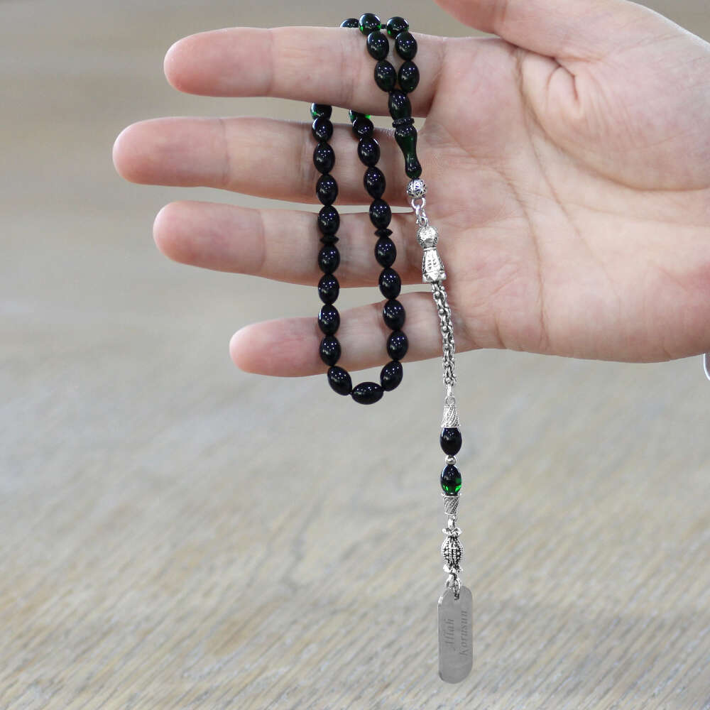 Ateş Kehribar Tesbih - Metal Püsküllü - Süzme Yeşil Siyah Renk - İsme Özel Yazılı - Arpa Kesim - 2