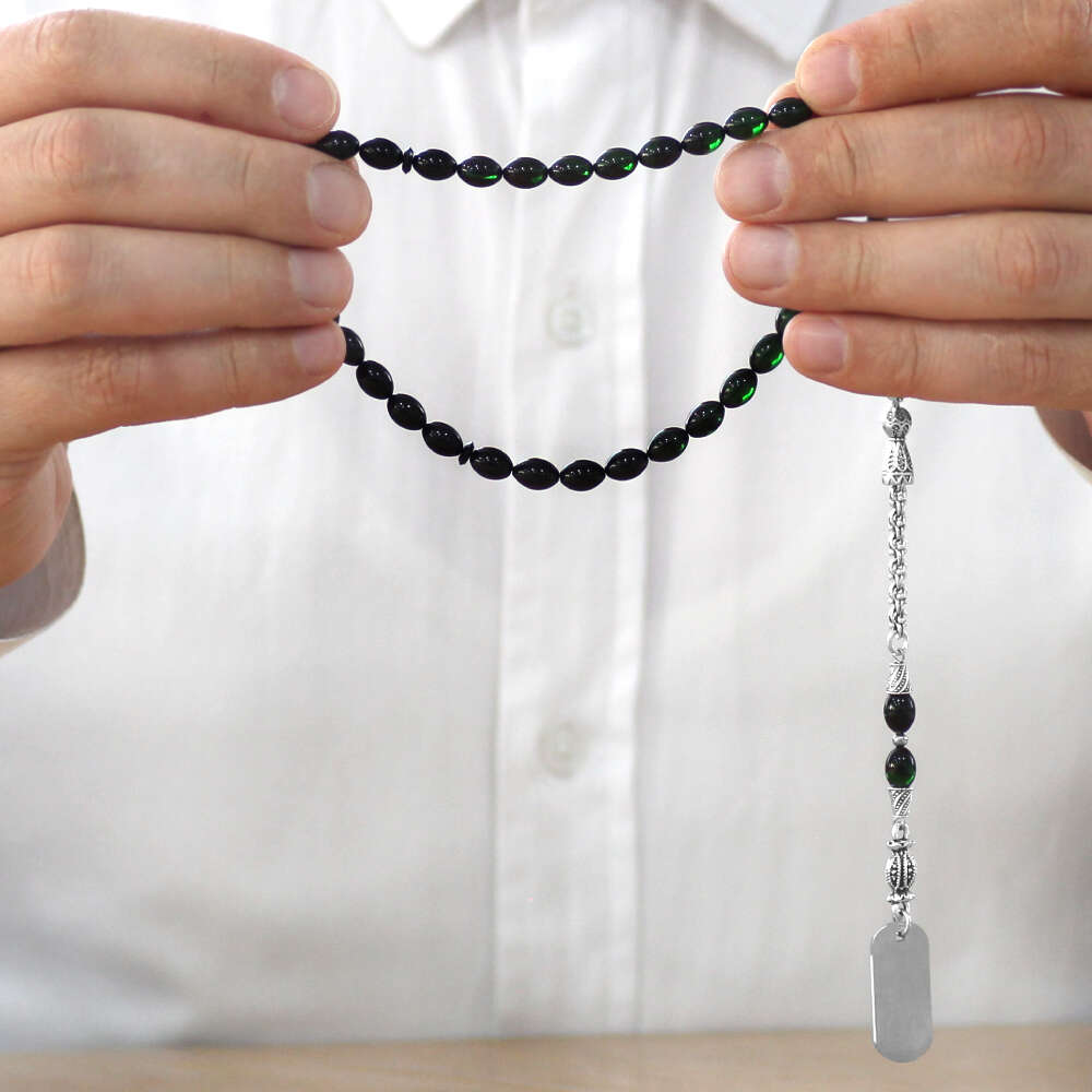 Ateş Kehribar Tesbih - Metal Püsküllü - Süzme Yeşil Siyah Renk - İsme Özel Yazılı - Arpa Kesim - 3