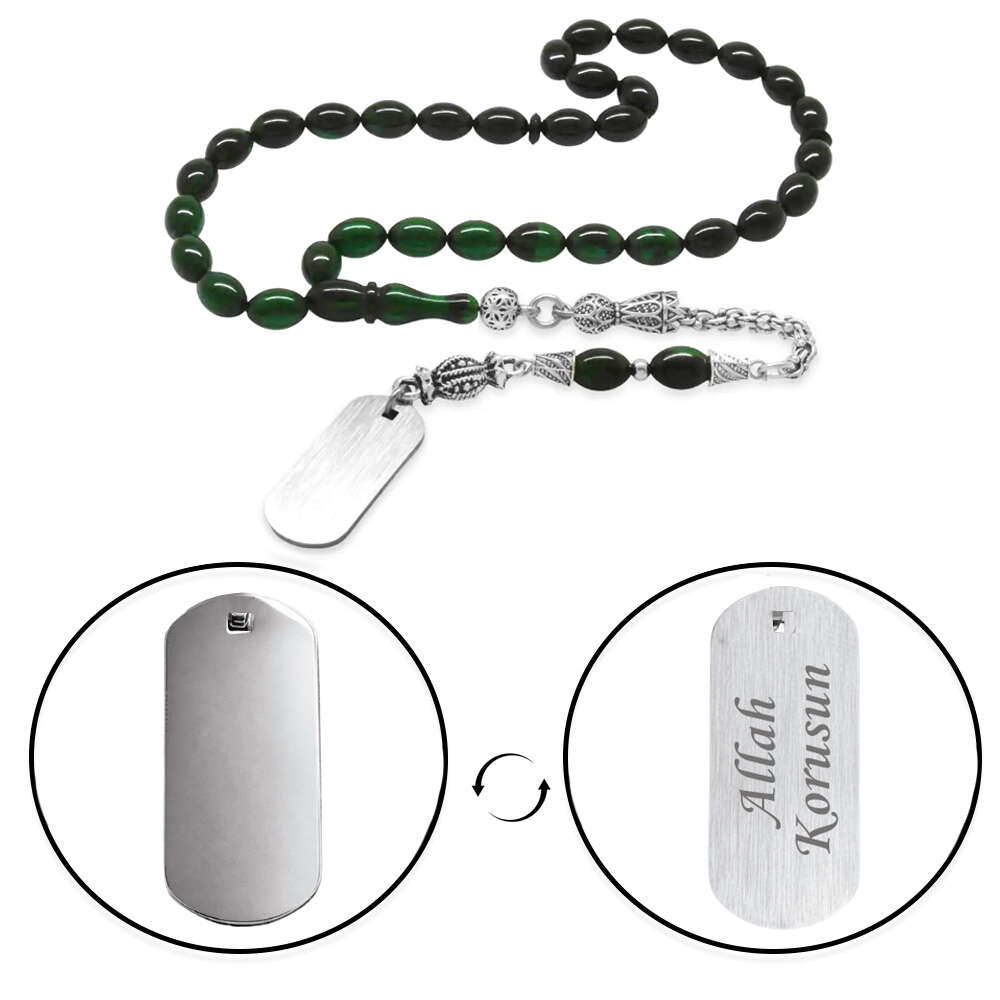 Ateş Kehribar Tesbih - Metal Püsküllü - Süzme Yeşil Siyah Renk - İsme Özel Yazılı - Arpa Kesim - 4