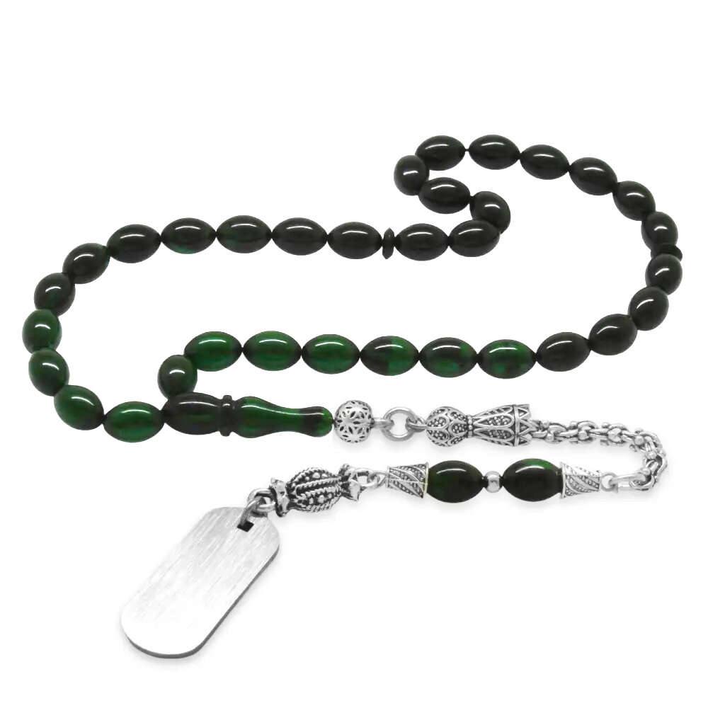 Ateş Kehribar Tesbih - Metal Püsküllü - Süzme Yeşil Siyah Renk - İsme Özel Yazılı - Arpa Kesim - 5