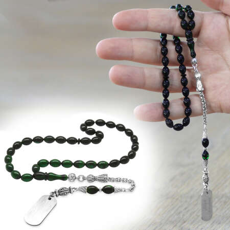 Ateş Kehribar Tesbih - Metal Püsküllü - Süzme Yeşil Siyah Renk - İsme Özel Yazılı - Arpa Kesim - Tesbihane