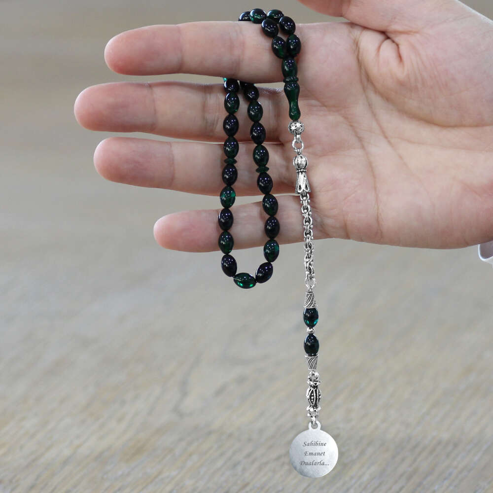 Ateş Kehribar Tesbih - Metal Püsküllü - Turkuaz Siyah Renk - Ayetel Kürsi Uçlu İsme Özel Yazılı - 2